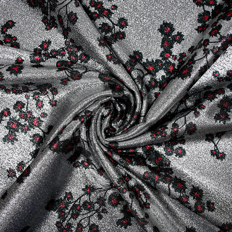 Lamé Silver Jersey Printed Red and Black Sakura Flower