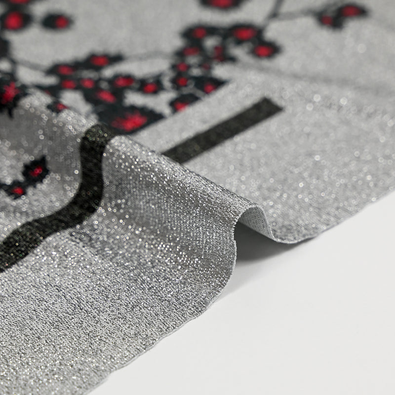 Lamé Silver Jersey Printed Red and Black Sakura Flower