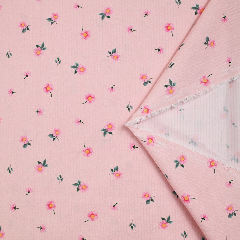 Coton rayé imprimé petite fleur rose fond rose