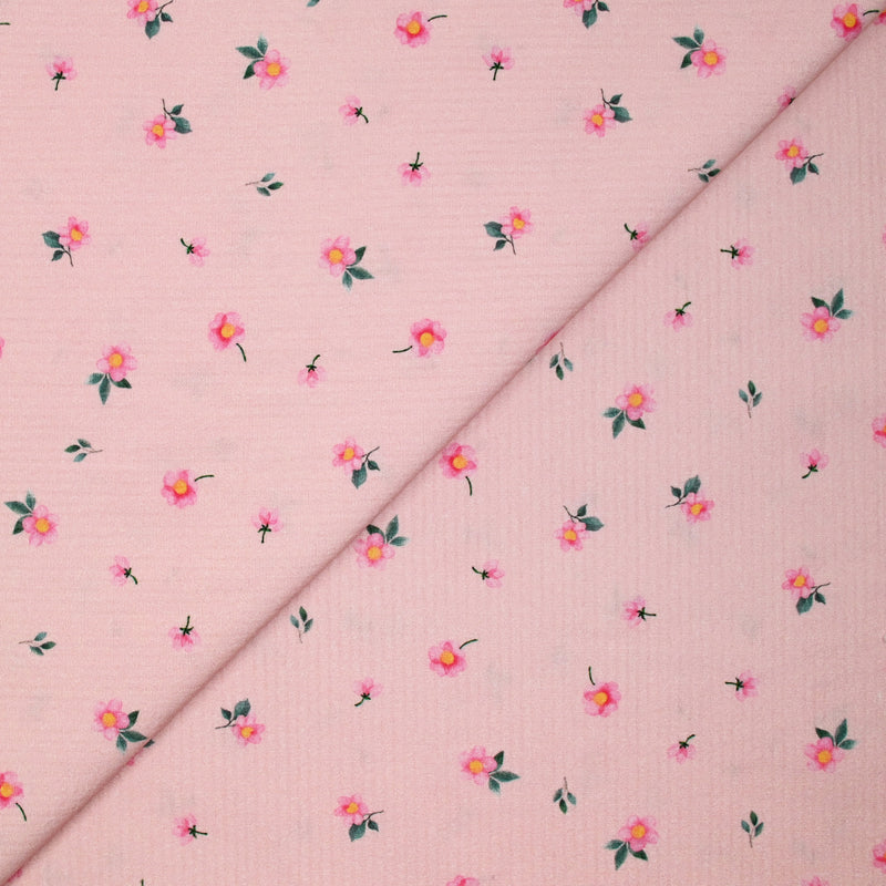 Coton rayé imprimé petite fleur rose fond rose