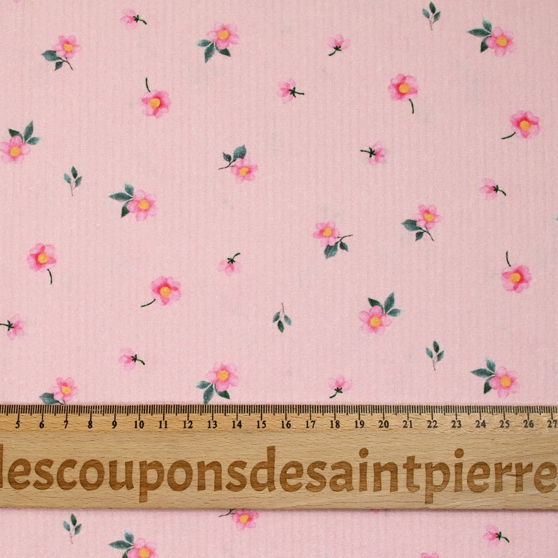 Coton rayé imprimé petite fleur rose fond rose