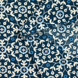 Indian cotton printed white floral mosaic with denim blue background