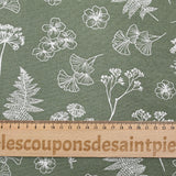 Popeline de coton imprimée herbier botanique blanc sur fond vert sauge