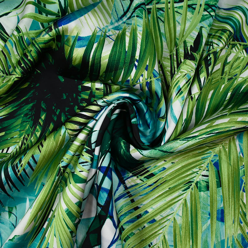 Satin de polyester jardin tropical bleu et vert