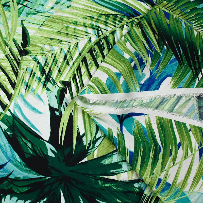 Satin de polyester jardin tropical bleu et vert