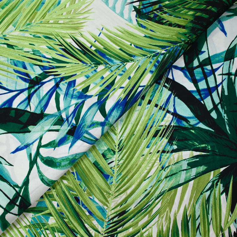 Satin de polyester jardin tropical bleu et vert
