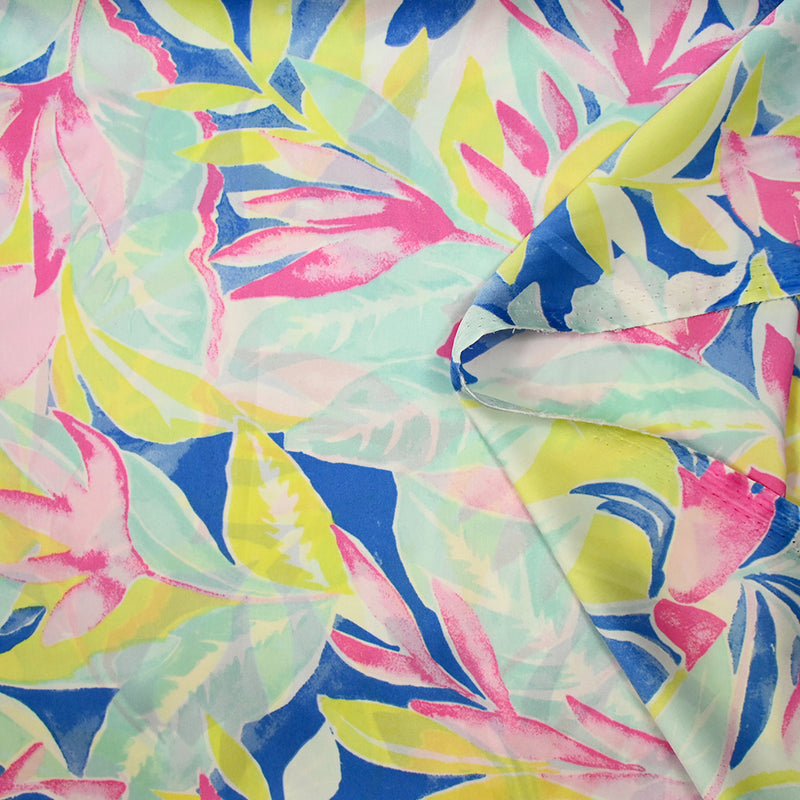Satin de polyester imprimé feuille pastel fond jaune