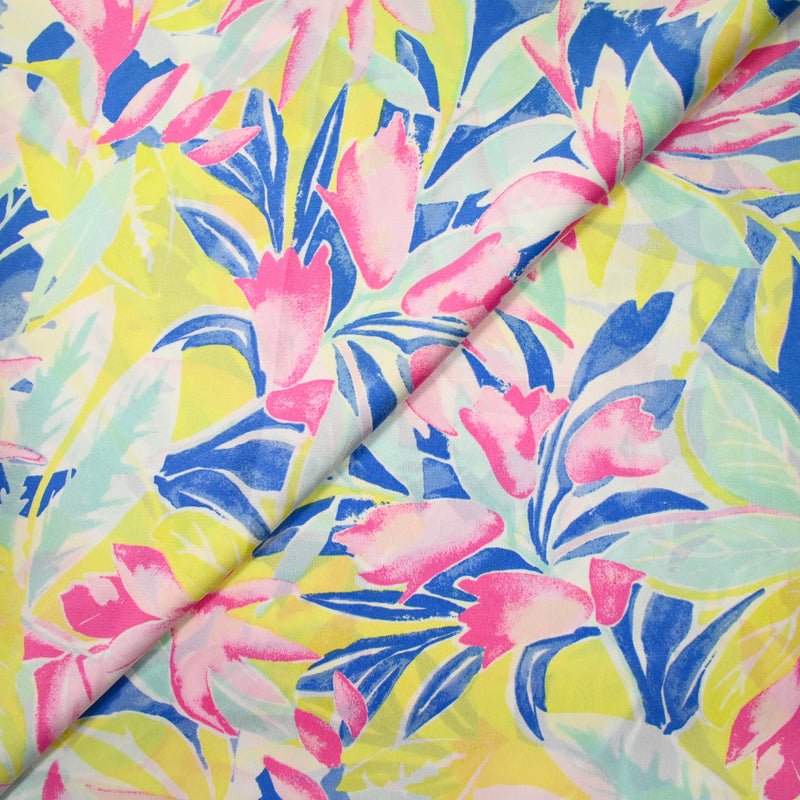 Satin de polyester imprimé feuille pastel fond jaune