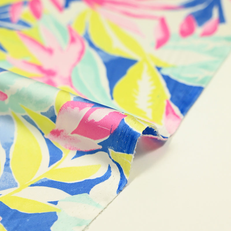 Satin de polyester imprimé feuille pastel fond jaune