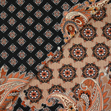 Satin polyester imprimé patchwork et cachemire marron fond noir