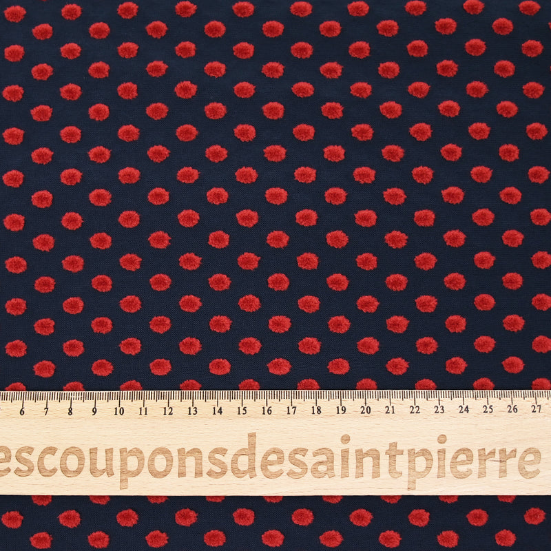 Maille polyviscose floquée pois rouge fond bleu marine