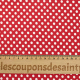 Jersey de polyester floqué et imprimé pois blanc fond rouge