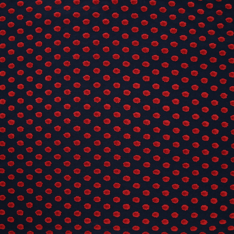 Maille polyviscose floquée pois rouge fond bleu marine