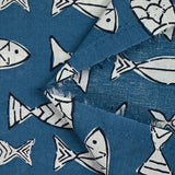 Indian cotton fish print, petrol blue background