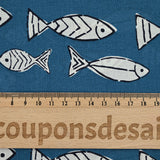 Indian cotton fish print, petrol blue background