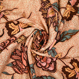 Viscose imprimée fleurs de porcelaine marron et corail fond abricot