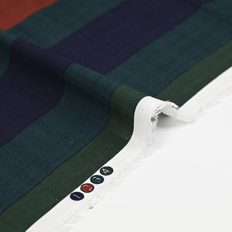 Viscose imprimée larges rayures ocre rouge et vert forêt