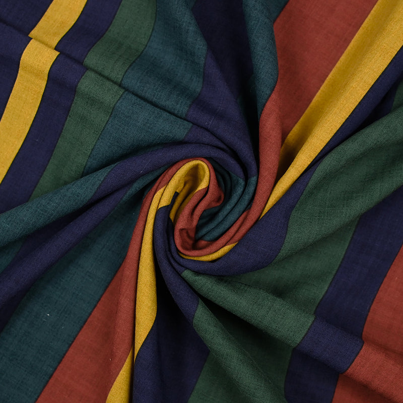 Viscose imprimée larges rayures ocre rouge et vert forêt