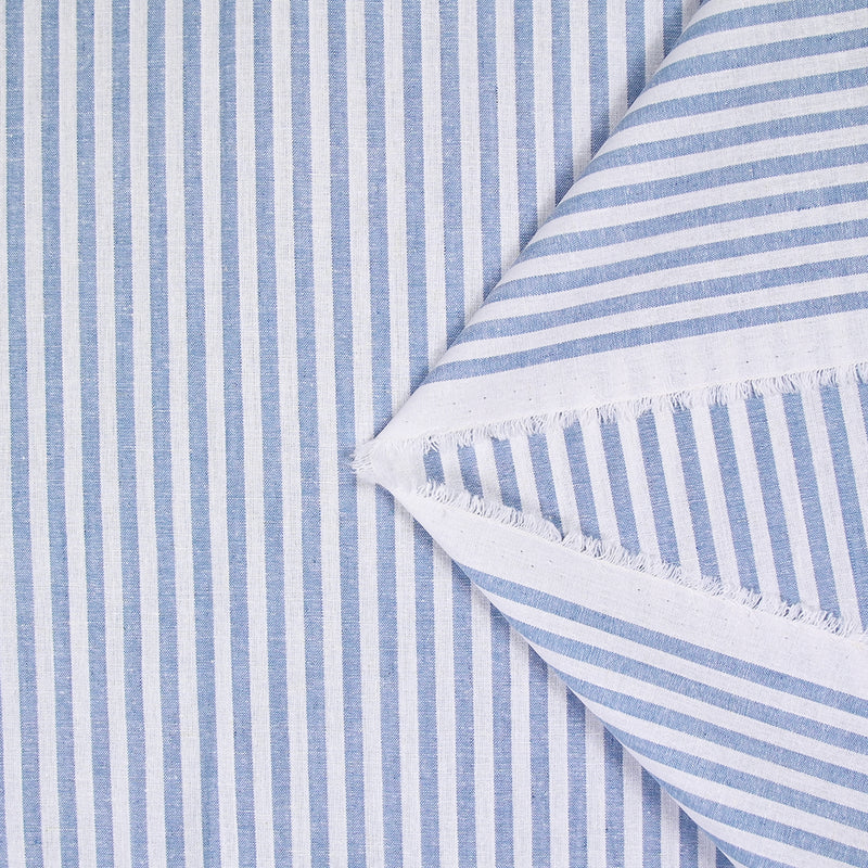 Coton tissé teint rayure bleue fond blanc