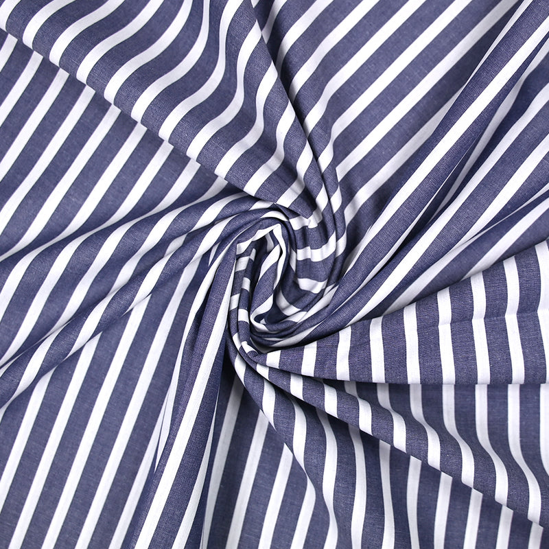 Coton tissé teint rayure large bleue marine fond blanc