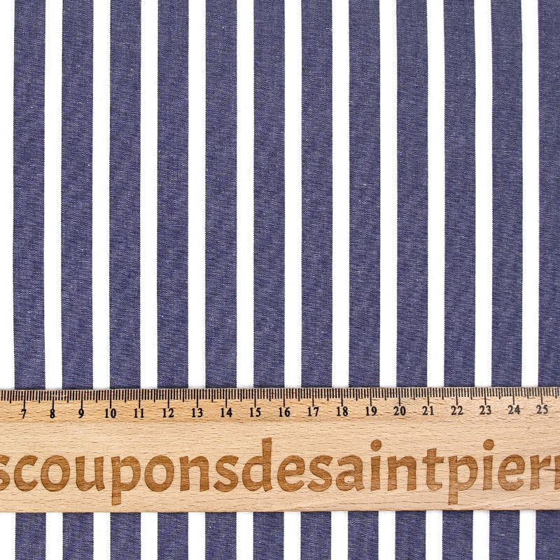Coton tissé teint rayure large bleue marine fond blanc