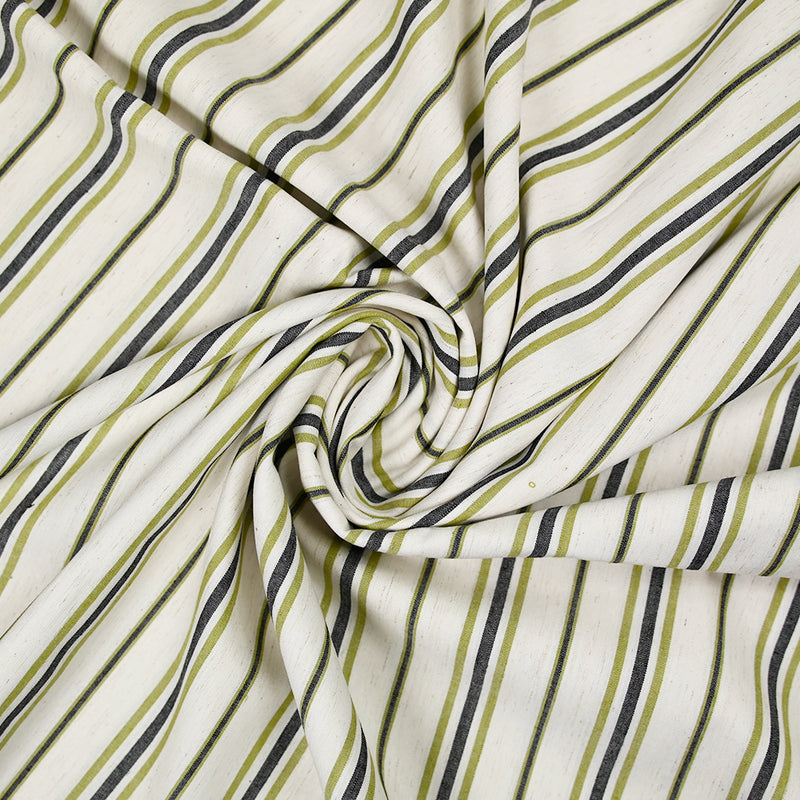 Coton élasthanne tissé teint rayure verte et bleue fond beige chiné