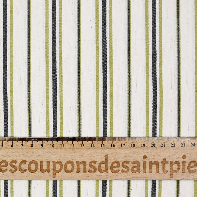 Coton élasthanne tissé teint rayure verte et bleue fond beige chiné