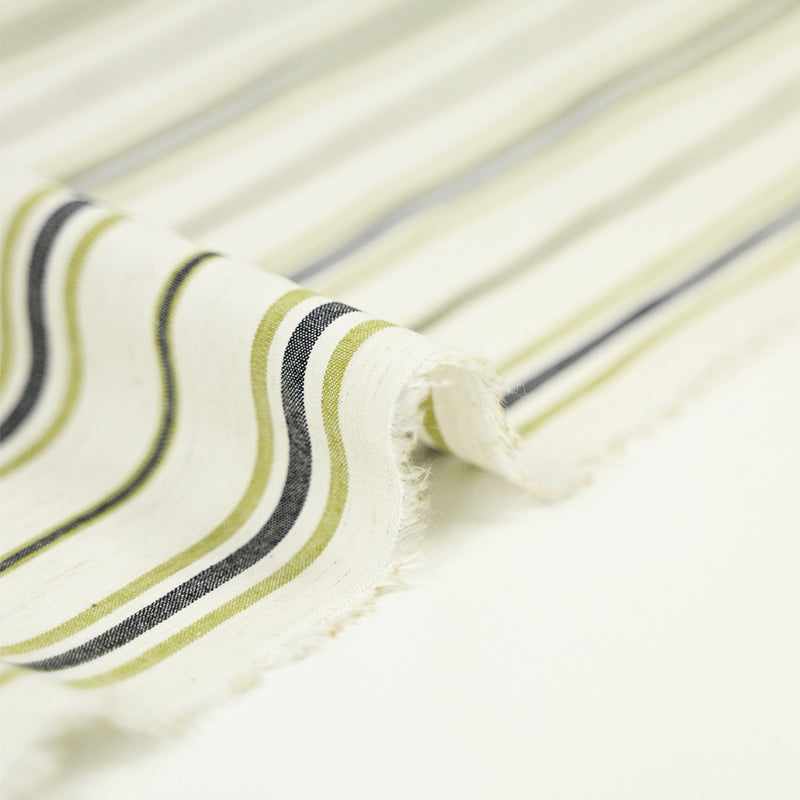 Coton élasthanne tissé teint rayure verte et bleue fond beige chiné