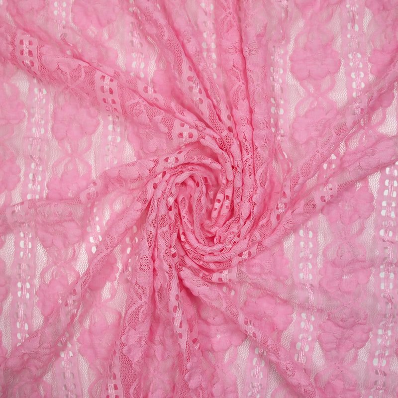 Dentelle polyester rayure fleurs rose barbie