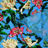 Maille velours imprimé botanique fond bleu turquoise