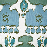 Coton imprimé ikat vert et bleu fond blanc