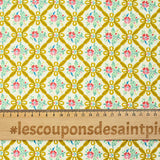 Popeline de coton imprimé médaillon fleuri ocre fond écru