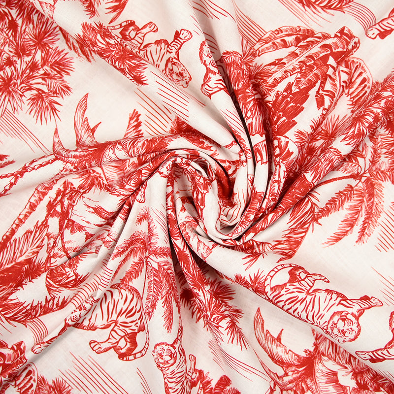 Coton tissé aspect lin imprimé balade tigrée rouge fond blanc