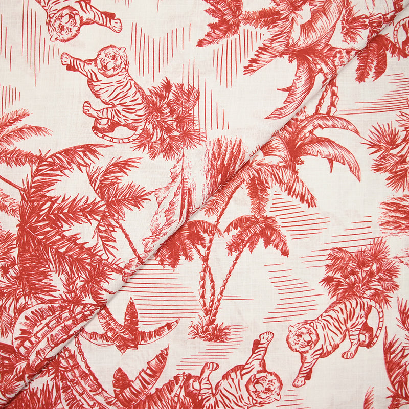 Coton tissé aspect lin imprimé balade tigrée rouge fond blanc