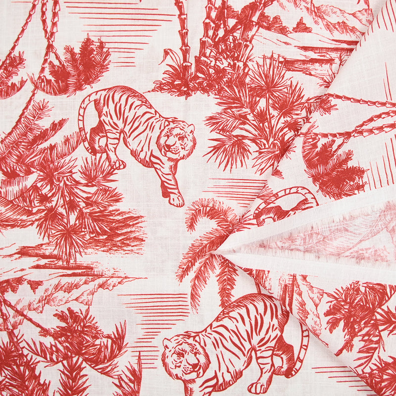 Coton tissé aspect lin imprimé balade tigrée rouge fond blanc