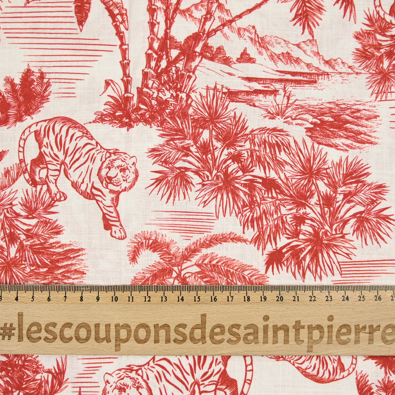 Coton tissé aspect lin imprimé balade tigrée rouge fond blanc