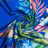 Satin polyester imprimé jardin botanique fond bleu roi