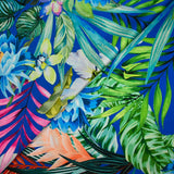 Satin polyester imprimé jardin botanique fond bleu roi