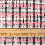 Tweed de polyester à carreaux noir et rose fond crème