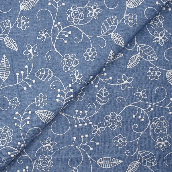 Twill de polyester brodé Solène fond bleu