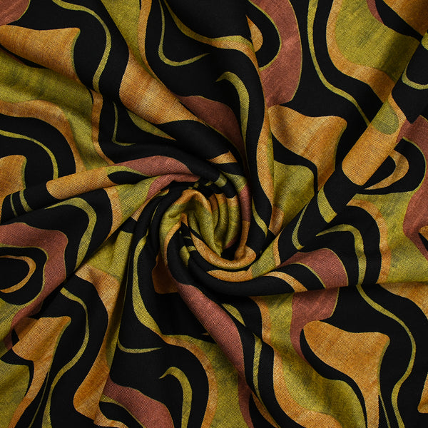 Maille Milano polyviscose mille vagues ocre et vert fond noir