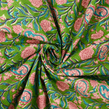 Coton indien imprimé Shiva rose et bleu turquoise fond vert pomme
