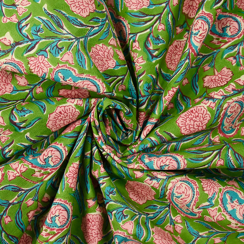 Coton indien imprimé Shiva rose et bleu turquoise fond vert pomme