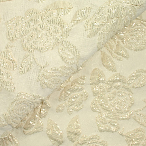 Brocart polyester rosier fond ivoire