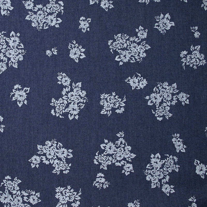 Chambray de coton imprimé fleurs fond bleu foncé