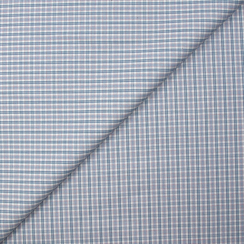 Coton à carreaux bleu barbeau et rose fond blanc