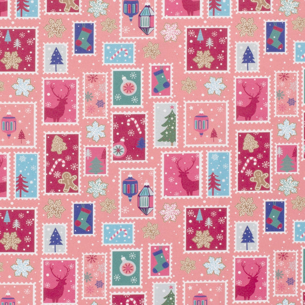 Coton de Noël imprimé flocons enchantés fond rose