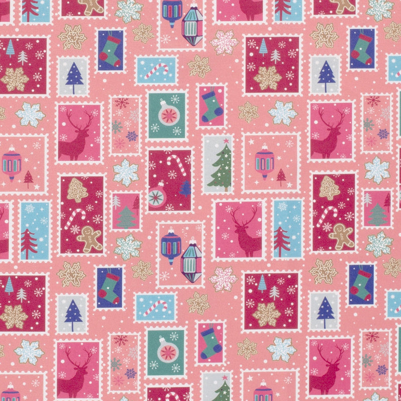 Coton de Noël imprimé flocons enchantés fond rose