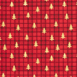 Coton de Noël imprimé tartan et sapin doré fond rouge