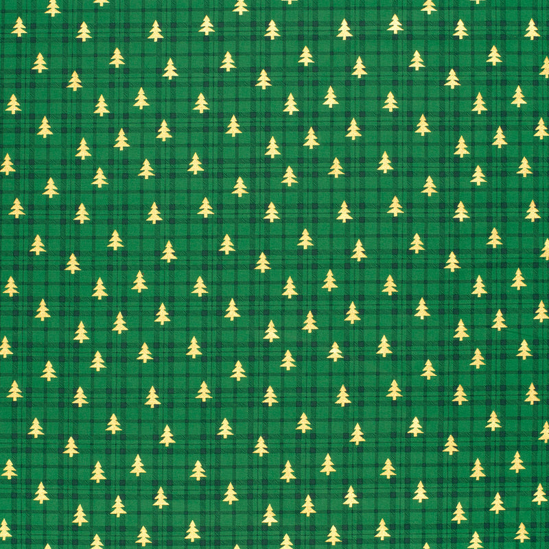 Coton de Noël imprimé tartan et sapin doré fond vert